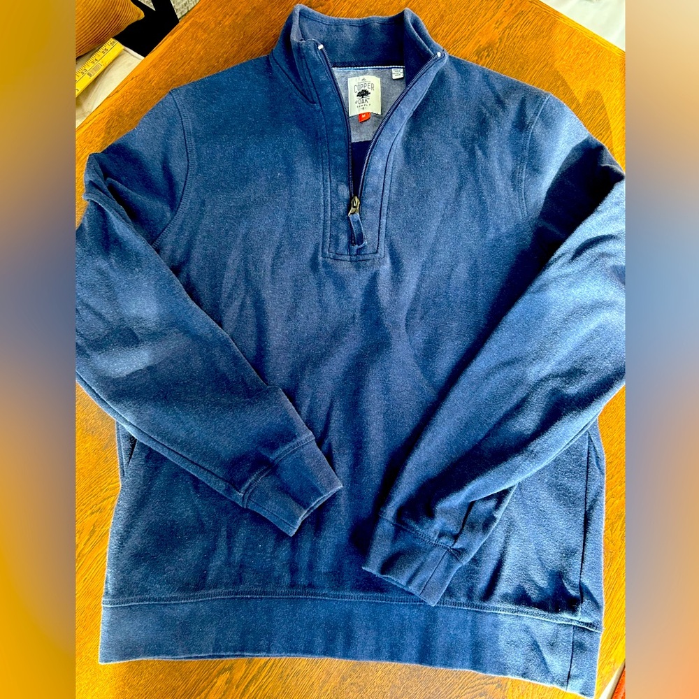 Copper Oak Men’s quarter zip sweat shirt weight. Med. Navy blue. Long sleeved.